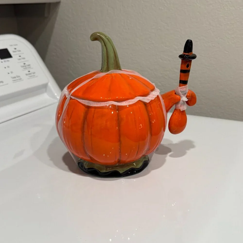 Johanna Parker Halloween Pumpkin Covered Candy Bowl With Spoon NEW